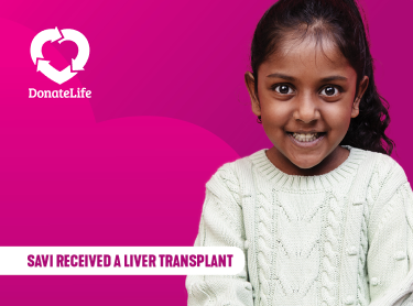 Become An Organ Donor Smiling child next to DonateLife logo encouraging organ donor registration